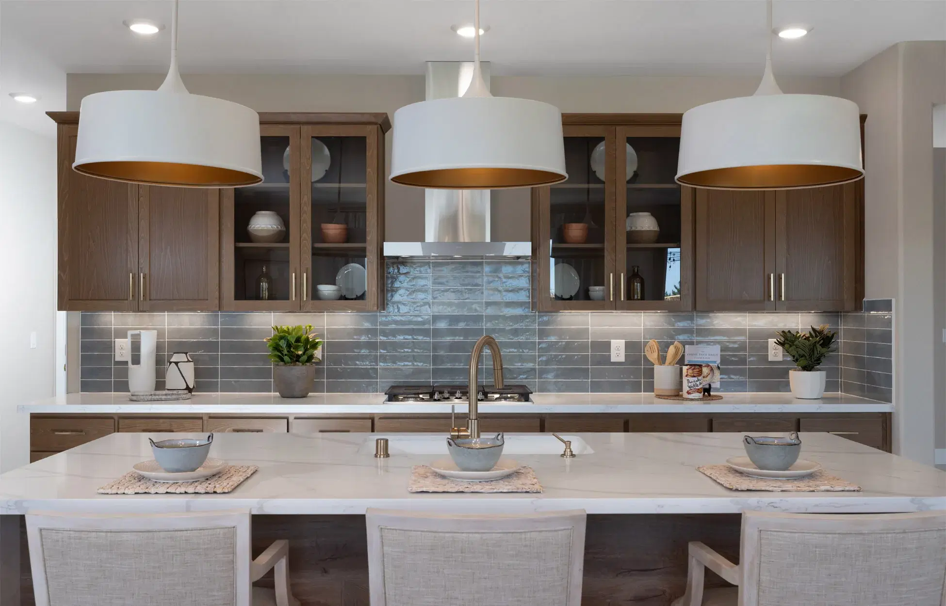 Scandinavian style kitchen with built-in shelving and storage