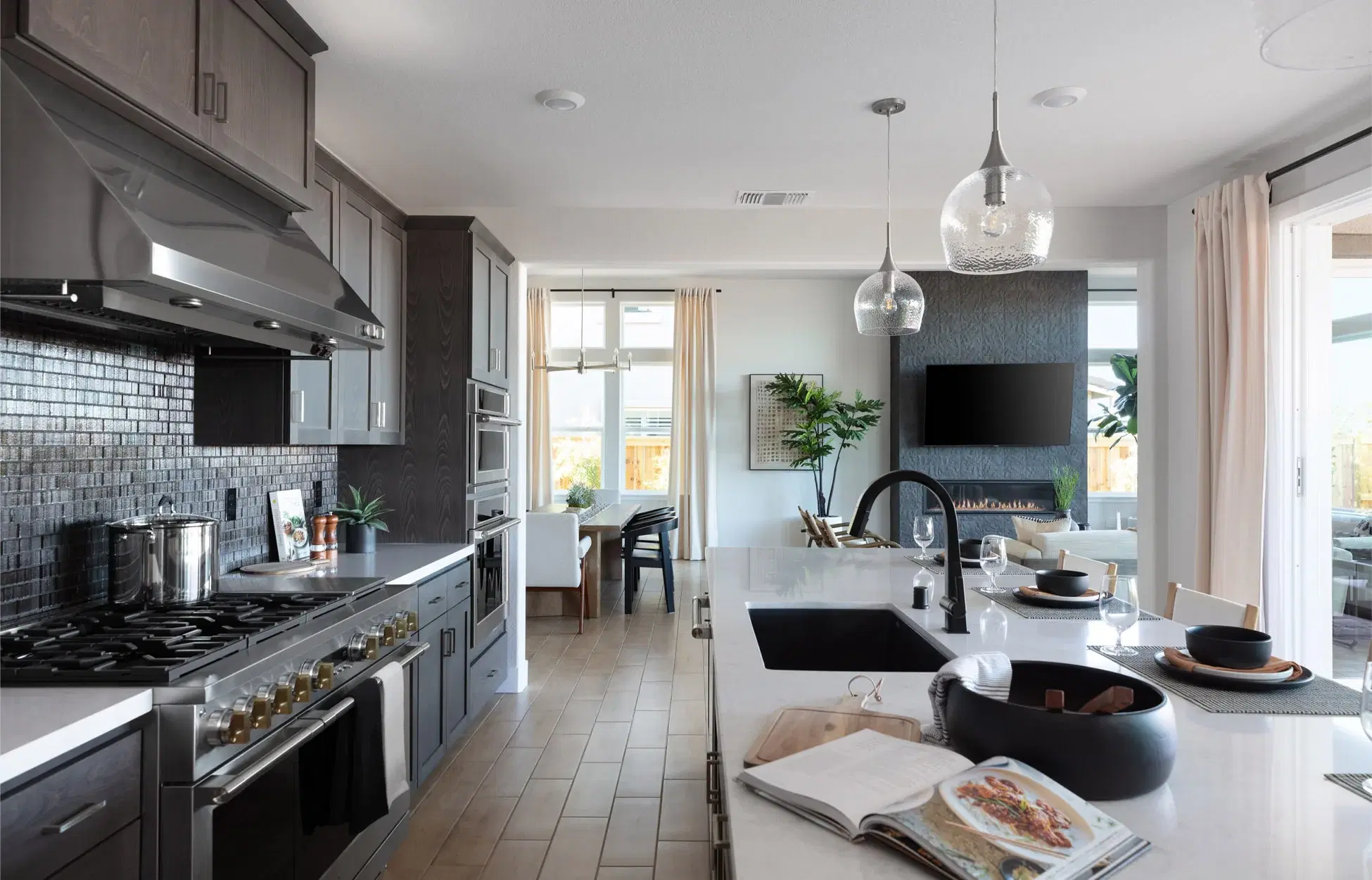 Scandinavian style kitchen with built-in shelving and storage