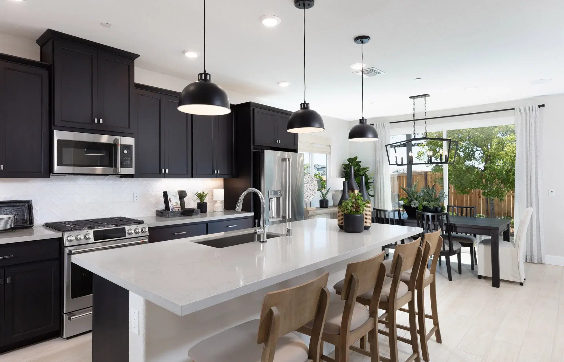 Scandinavian style kitchen with built-in shelving and storage