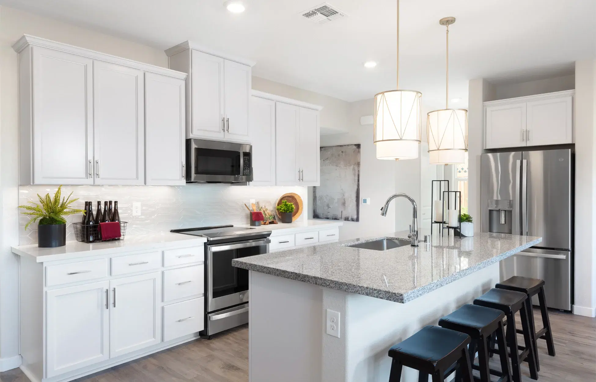 Scandinavian style kitchen with built-in shelving and storage
