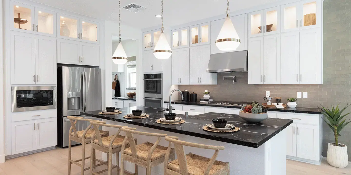 Open concept kitchen and dining area with natural lighting