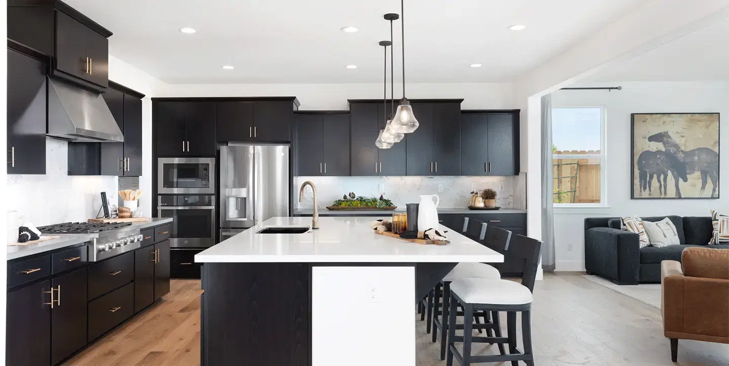 Contemporary kitchen with dark wood cabinets and marble countertops
